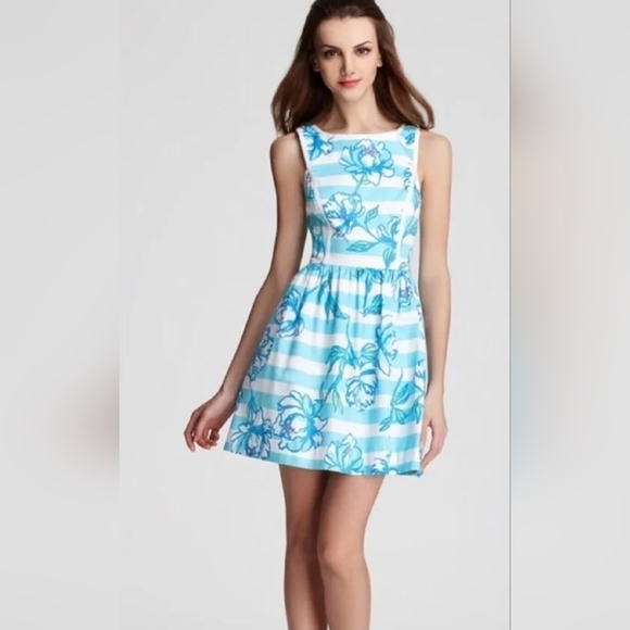 Lilly Pulitzer Shorely Blue Striped Sandrine Fit & Flare Pearl Lined Dress - Picture 1 of 8